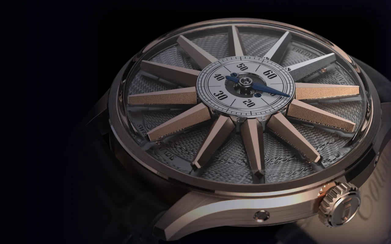 Helios Tradition — Front view, rose gold case and signature sun-ray dial